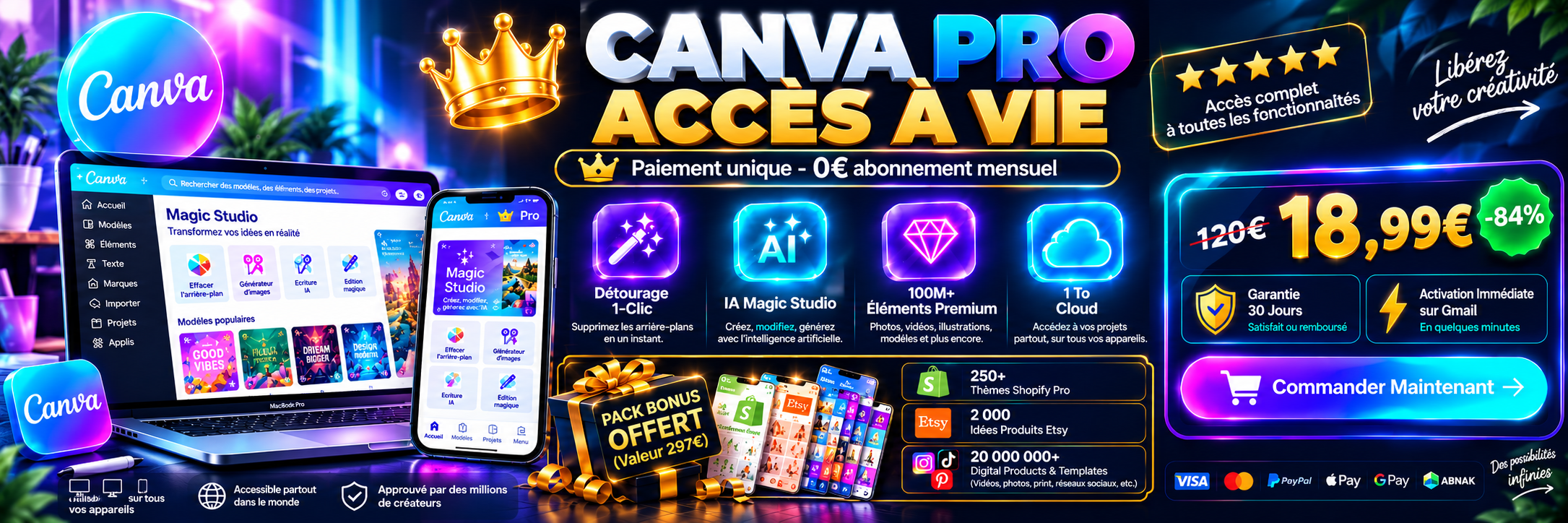 Canva Pro Accès à Vie - Pack Bonus 297€ Offert - 18,99€
